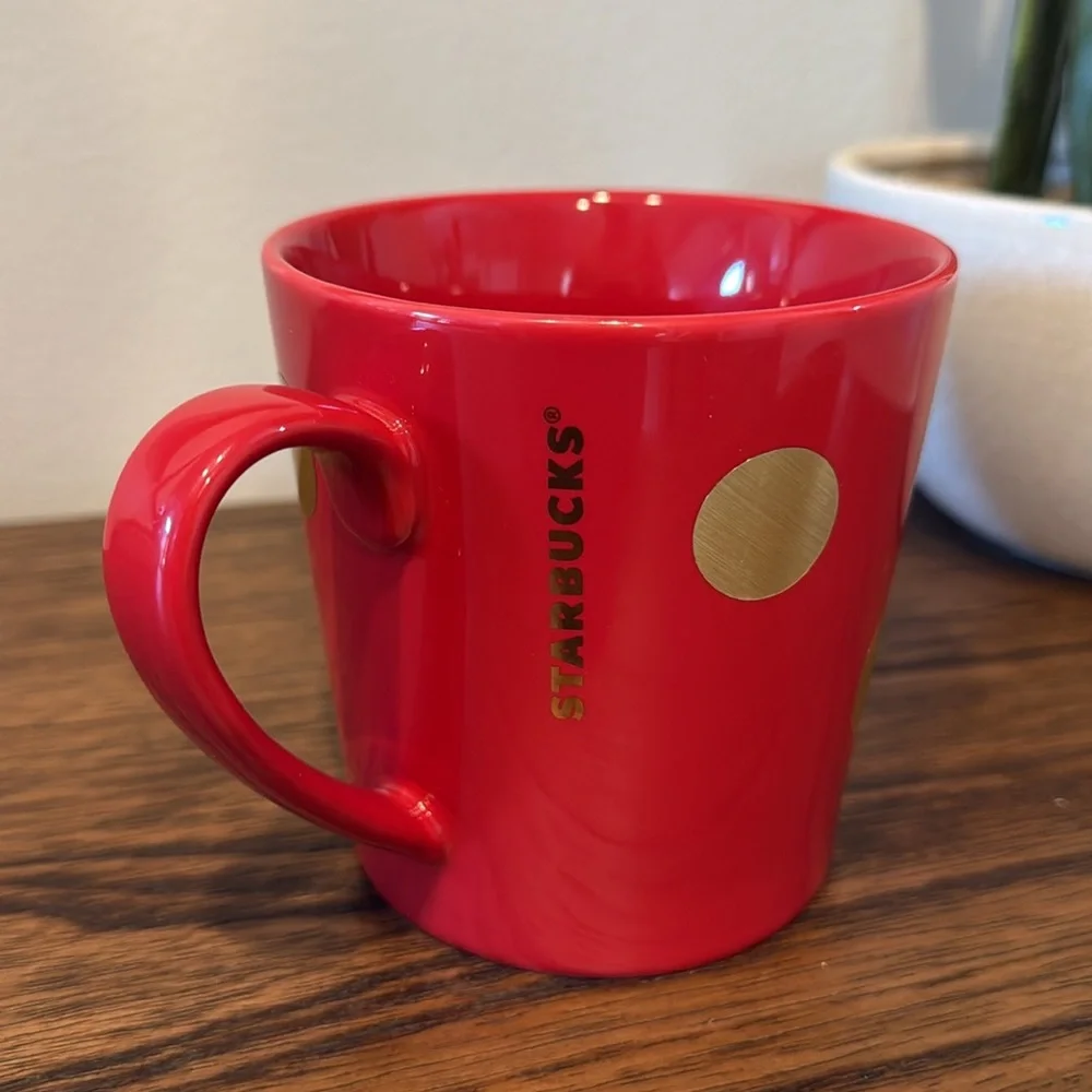 Starbucks Red and Gold Floral Coffee Mug‎ Cup 2014 Wide Rim